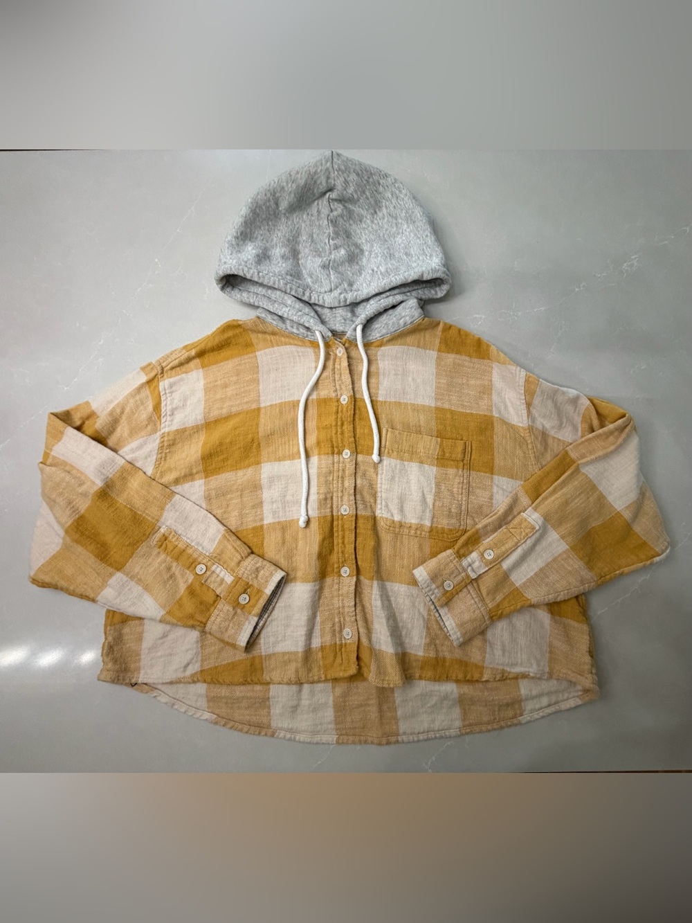 American Eagle Baggy Cropped Plaid Flannel Shirt Hoodie, XL